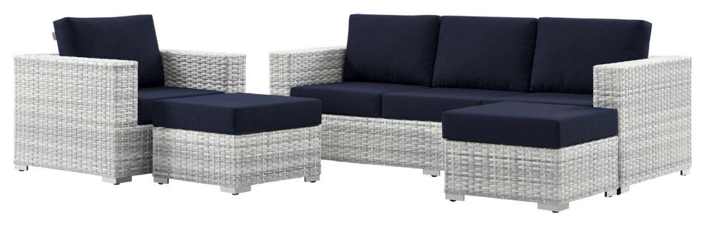 Lounge Sectional Sofa Chair Set, Rattan, Wicker, Gray Blue Navy, Outdoor