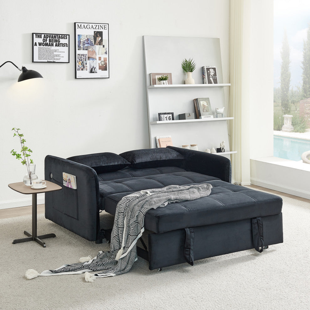 TATEUS 55.5" Twins Pull Out Sofa Bed Velvet  for Small Room Black