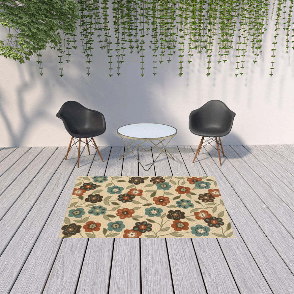 5' x 8' Brown and Ivory Floral Stain Resistant Indoor Outdoor Area Rug