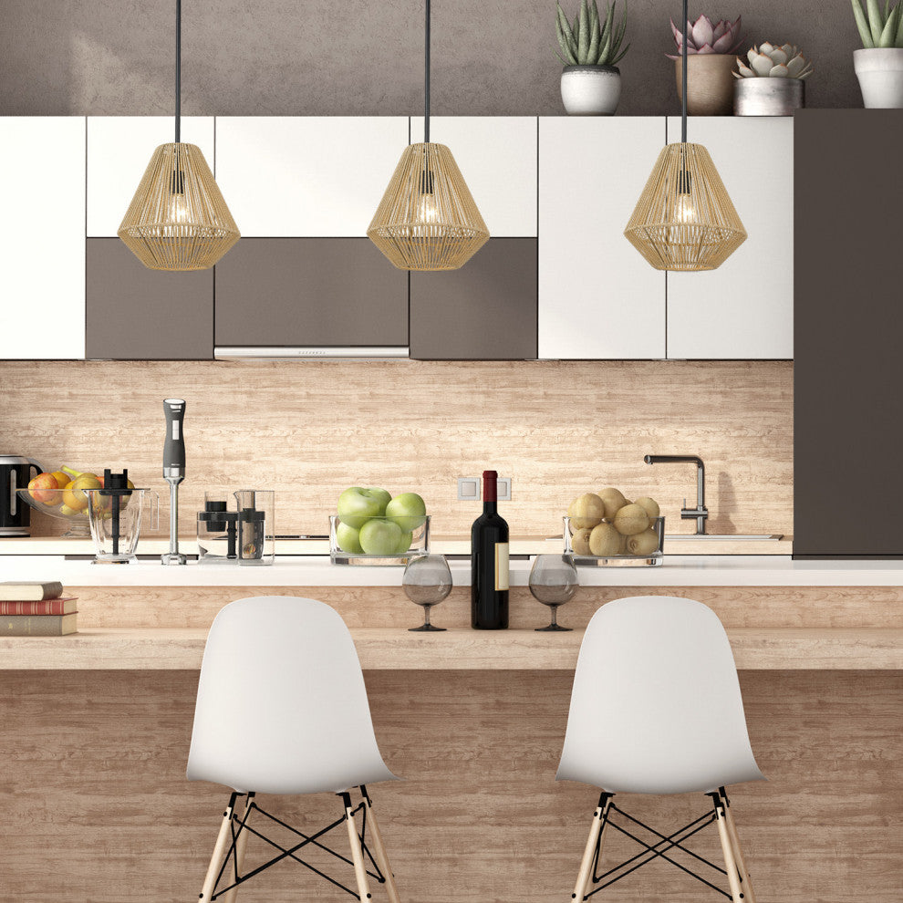 Golden Lighting 6937-M Valentina 12"W Cage Pendant - Matte Black / Natural