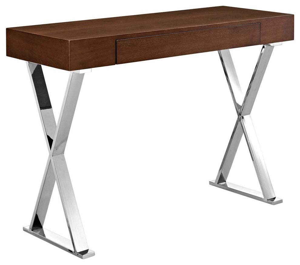 Modern Contemporary Urban Entry Console Table, Brown, Wood Stainless Steel