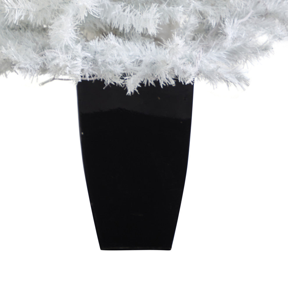 50" White Faux Christmas Tree With 100 Clear LED Lights, Black Metal Planter