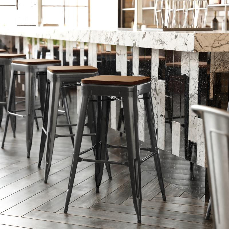 Kai Commercial Grade 30"H Metal Counter Stool, Black/Teak