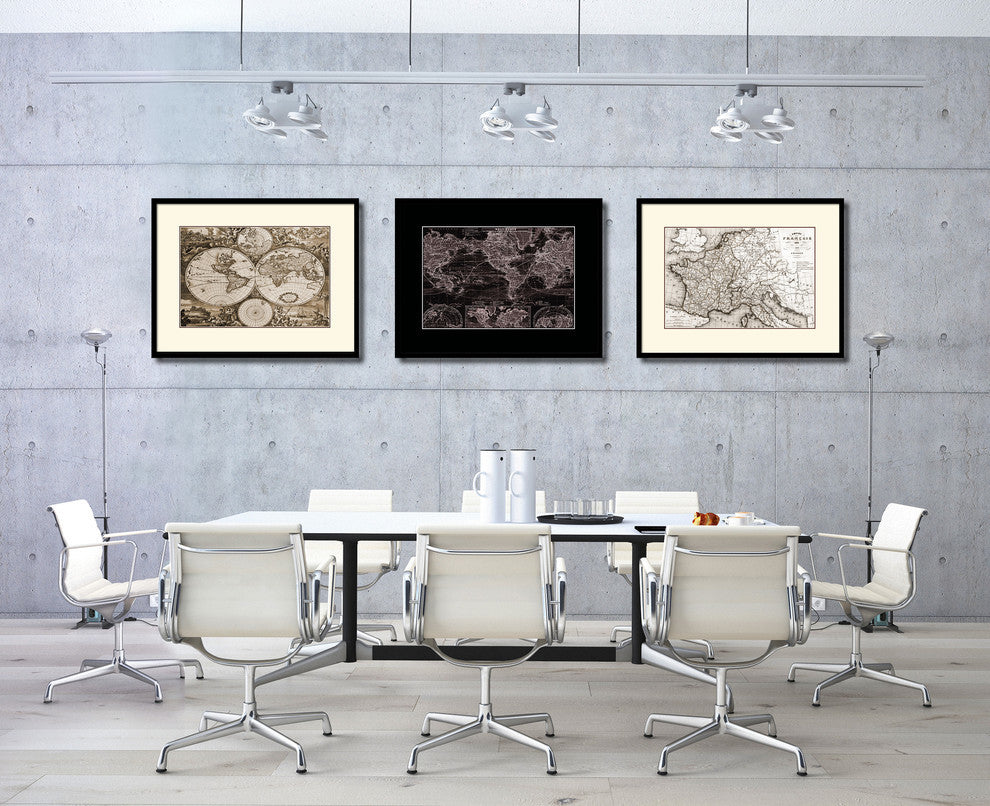 France Revolution Old Sepia Map Print On Canvas With Black Frame, 16" X 21"