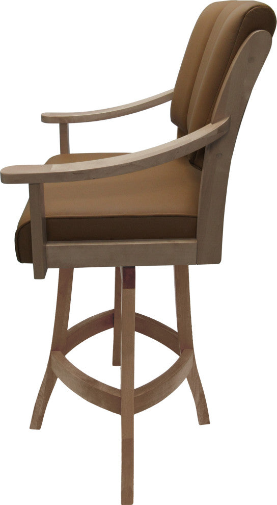 Leather Swivel Wood Bar Stool Casa on S-Base, Brown Leather on Cashew, 26"
