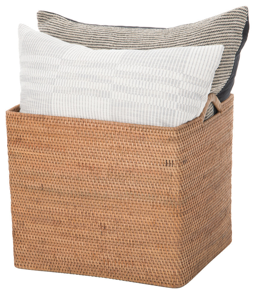 Loma Rectangular Tall Decorative Rattan Storage Basket with Ear Handles, Large, Honey Brown