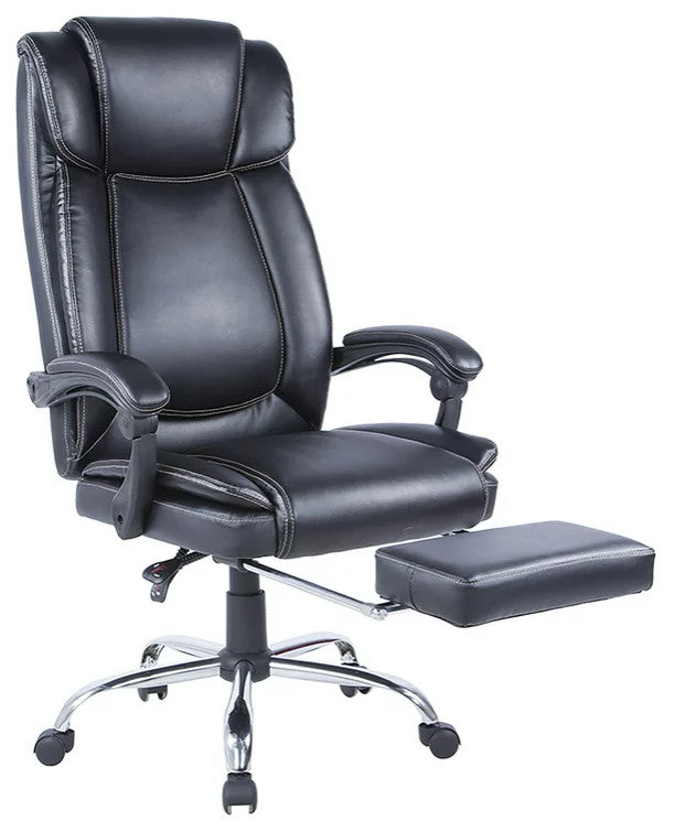 Executive Office Chair, Black Faux Leather Seat With Extendable Footrest, Black