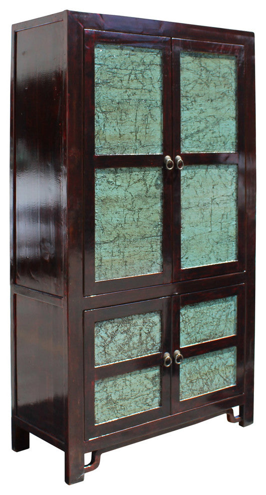 Chinese Distressed Turquoise Brown Large Armoire Wardrobe Cabinet cs2708