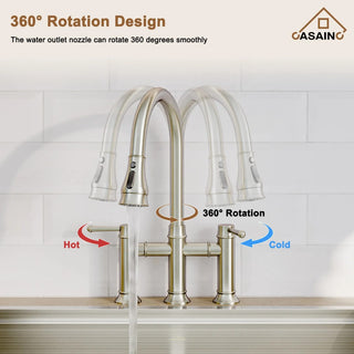 CASAINC Kitchen Faucet Centerset Bridge 3-Function 2-Handle Pull-Down Spray, Brushed Nickel