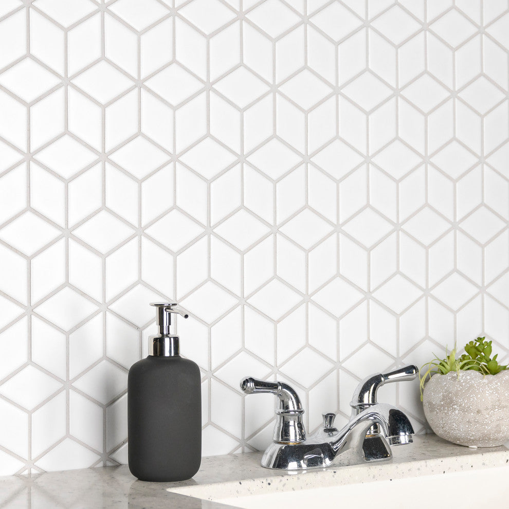 Metro Rhombus Mosaic Floor and Wall Tile, Matte White