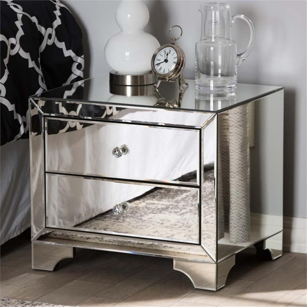 Hawthorne Collection Mirrored 2 Drawer Nightstand in Silver