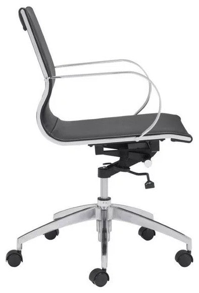 Modern Office Chair, Chrome Frame With Rounded Arms & Faux Leather Seat, Black