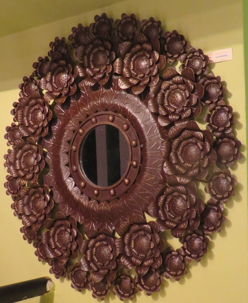35" Iron Floral Wreath Mirrored Wall Art, Large Metal Indoor Outdoor Garden