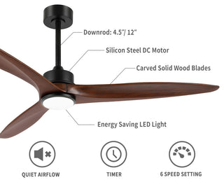 52" Solid Wood 3-Blade LED Ceiling Fan with Remote Control and Light Kit, Black/Walnut