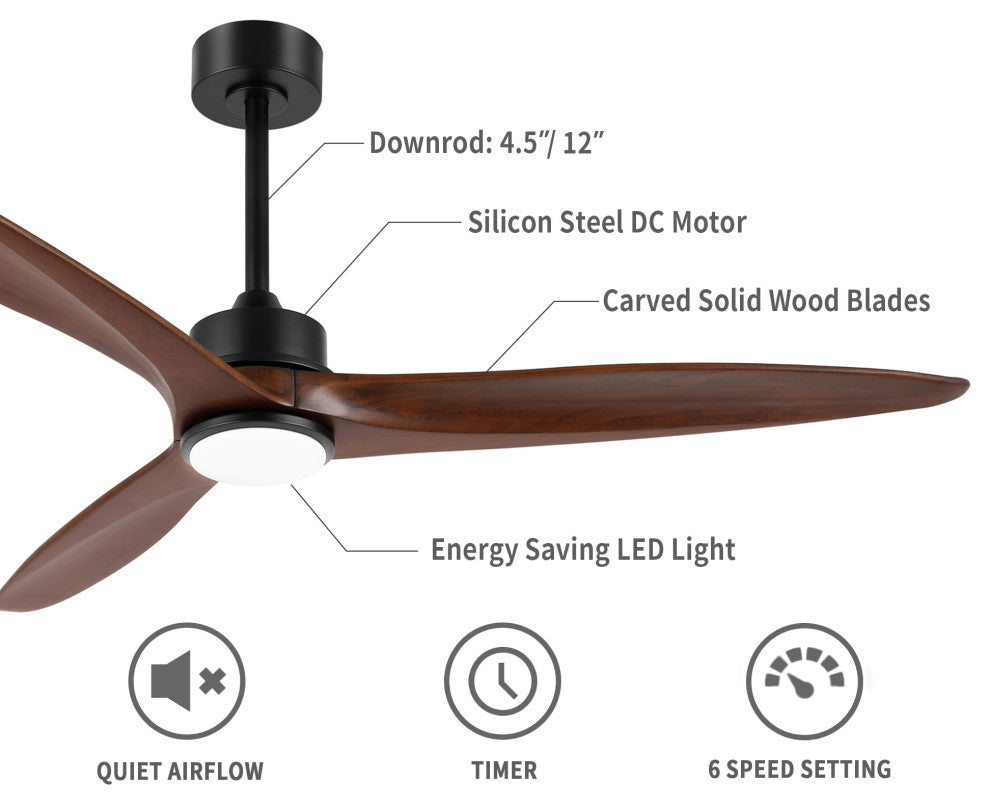 52" Solid Wood 3-Blade LED Ceiling Fan with Remote Control and Light Kit, Black/Walnut