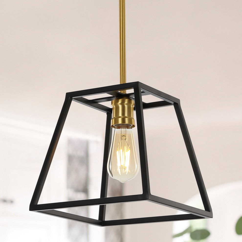 Girard 9.25" 1-Light Farmhouse Industrial Iron LED Pendant, Black/Brass Gold