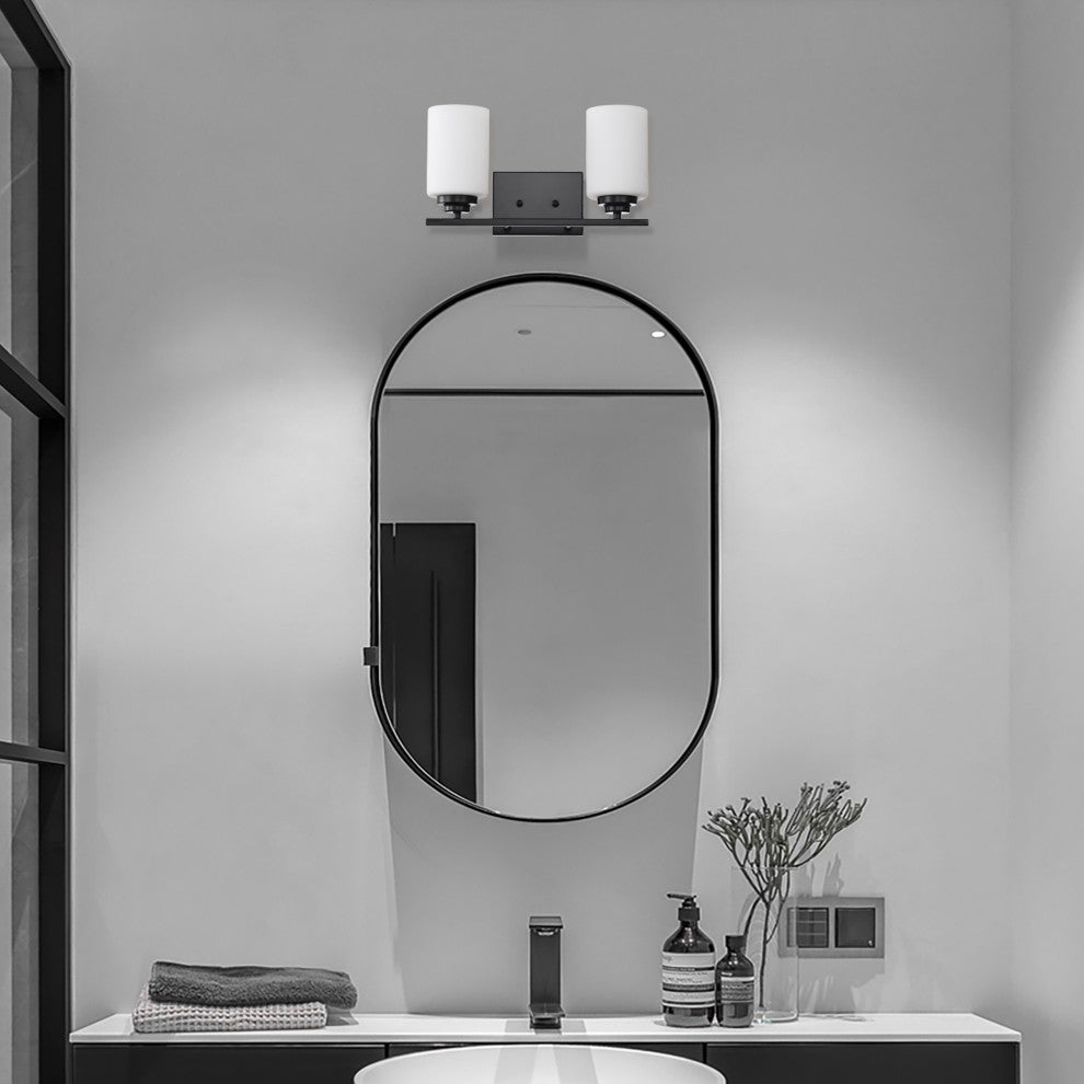 2-Light Matte Black Vanity With Etched White Glass Shades