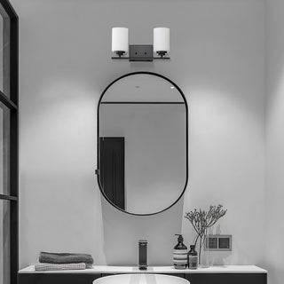 2-Light Matte Black Vanity With Etched White Glass Shades