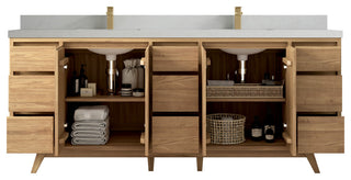 Madison Teak 84 Double Sink Bath Vanity in Light Natural 2" Carrara Quartz