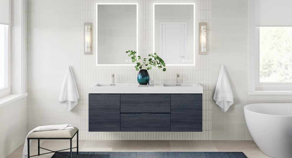 Boutique Bath Vanity, Gray Oak, 60", Double Sink, Wall Mount
