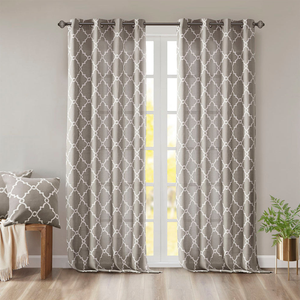Madison Park Saratoga Fretwork Print Grommet Top Window Curtain Panel, Grey