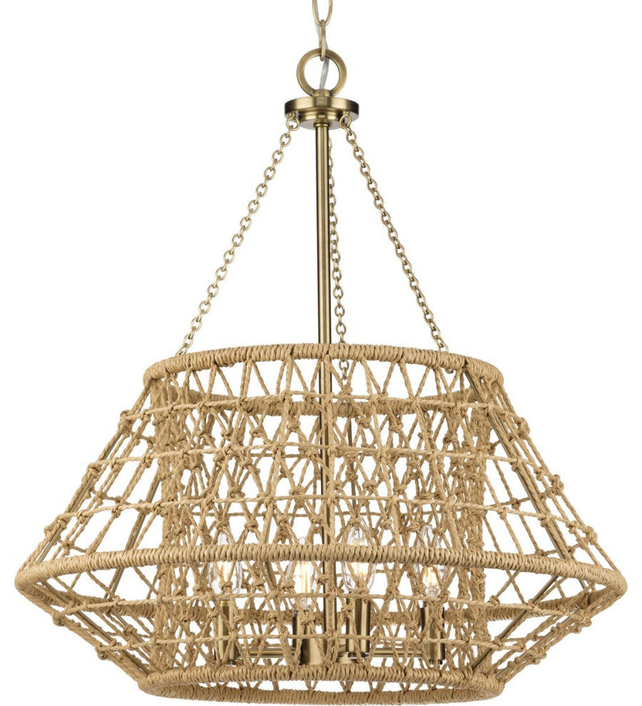 Laila Collection Four-Light Vintage Brass Coastal Chandelier With Jute Accents