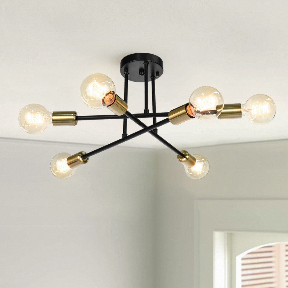 6-Light Sputnik Linear Semi Flush Mount Light, Black