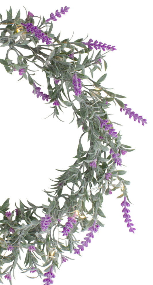 LED Lighted Artificial Pink Lavender Spring Wreath, 16" White Lights