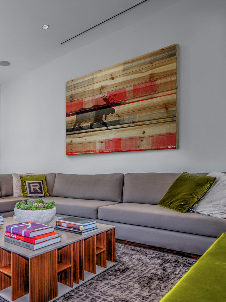 "Lone Moose" Painting Print on Natural Pine Wood, 45"x30"