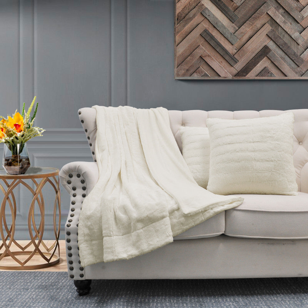 Rabbit Faux Fur Throw Blanket With 2 Pillows, Antique White