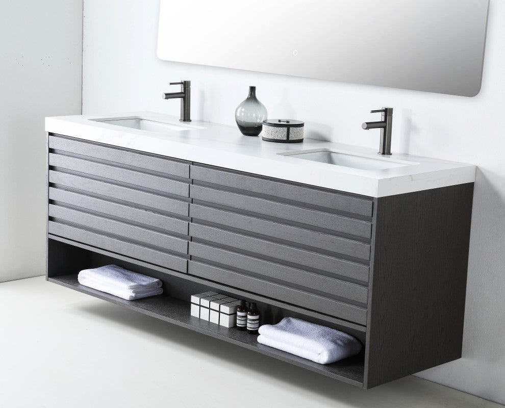 Matera Wall Mount Modern Bathroom Vanity, Charcoal, 72", White Countertop