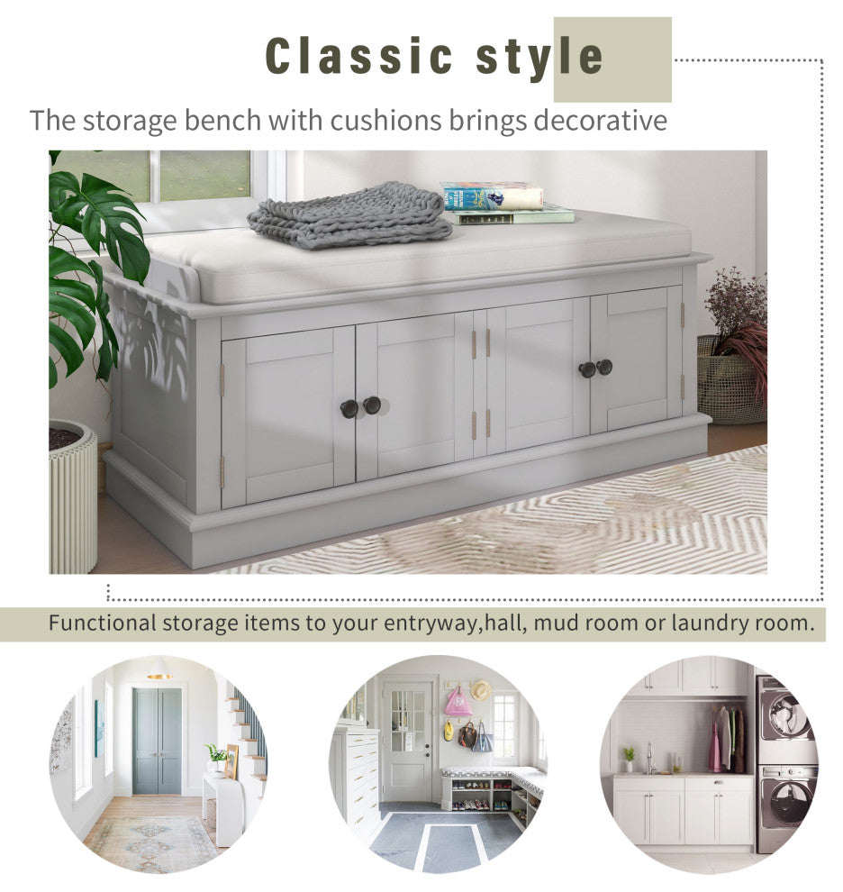 TATEUS 42" Wooden Storage Bench With 4 Doors and Adjustable Shelves for Entryway, Gray Wash