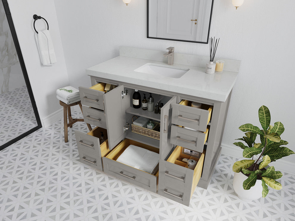 Boston 48 Single Sink Bath Vanity in Elephant Skin Gray 2" White Quartz