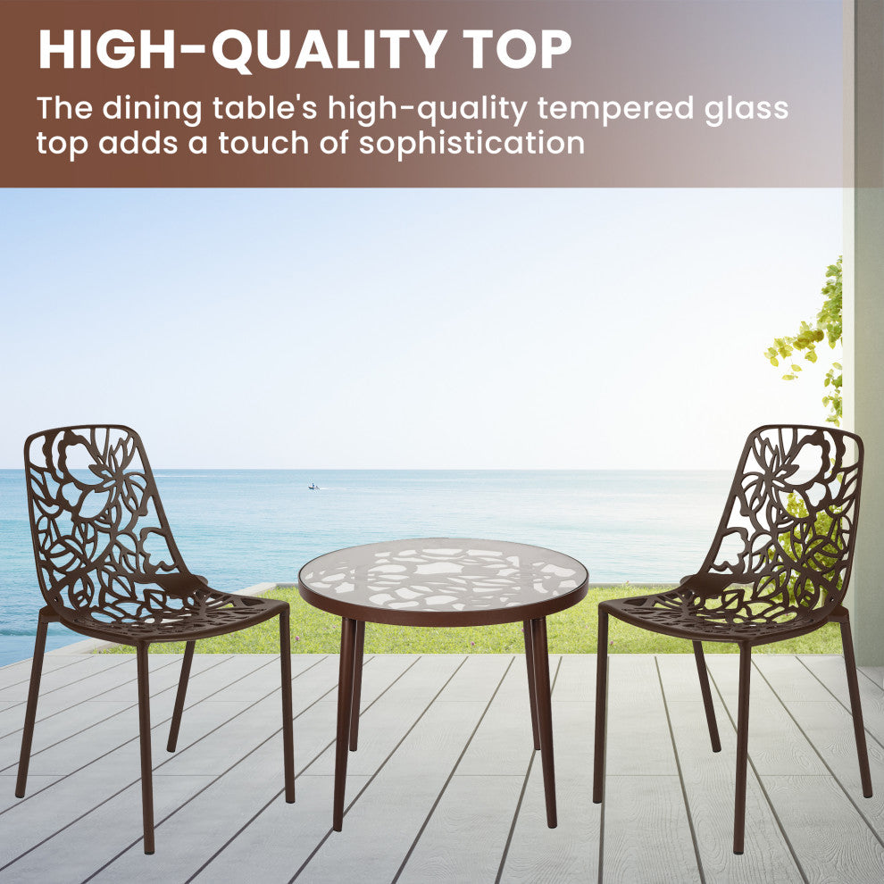 LeisureMod Devon Outdoor Dining Set with Glass Table and 2 Chairs, Brown