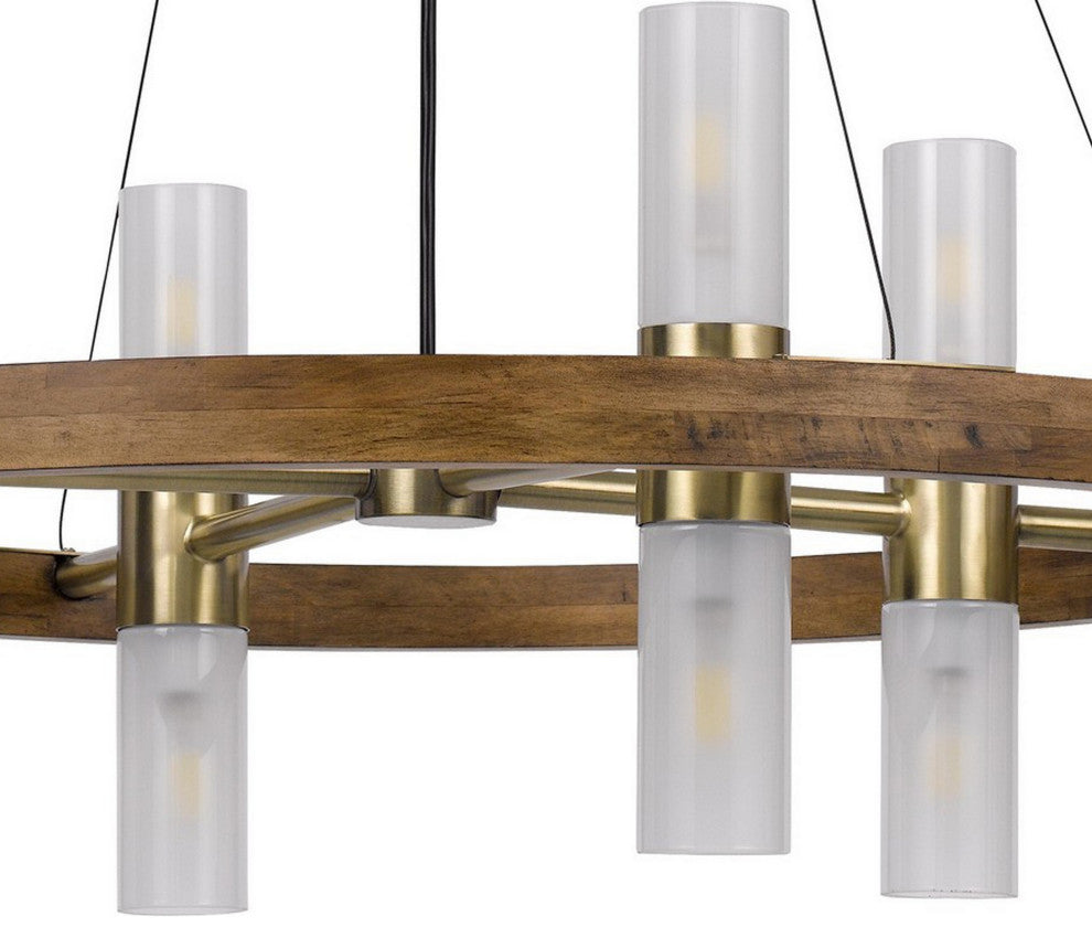 Benzara BM282184 Chandelier, Round Outer Frame, 4 Frosted Glass Shades, Brass