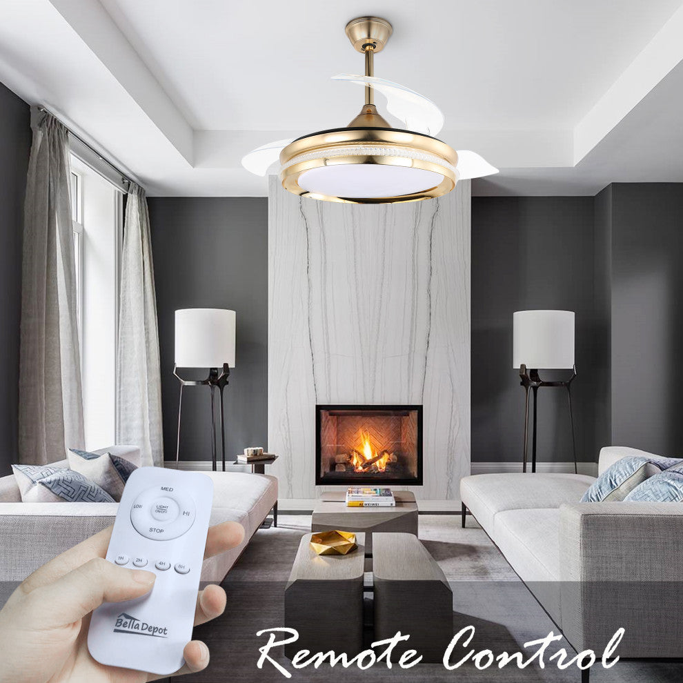 42" Modern Retractable Crystal Ceiling Fan with Remote Control and LED Light, French Gold