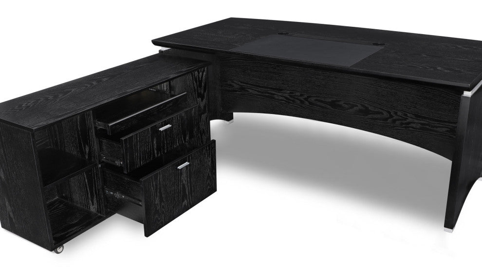 71" Modern Washington Black Oak Wood Desk Rolling Return