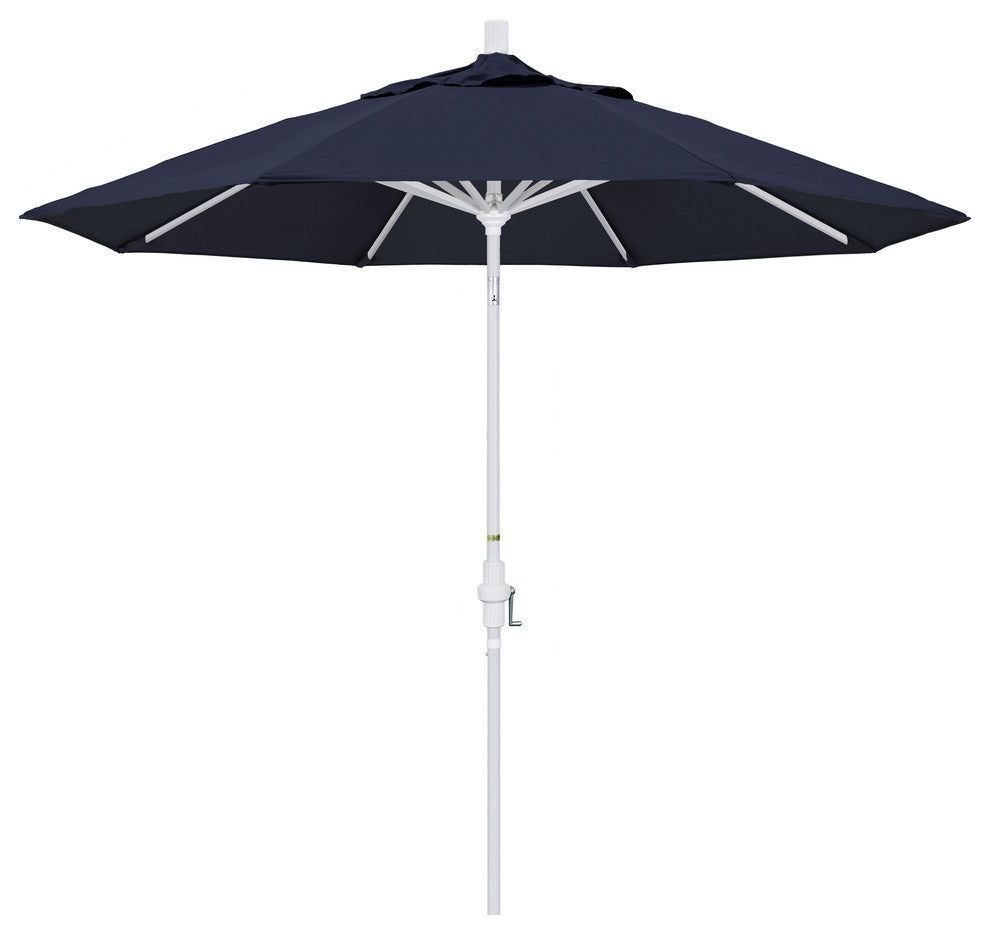 9' Matted White Collar Tilt Crank Lift Aluminum Umbrella, Sunbrella, Navy