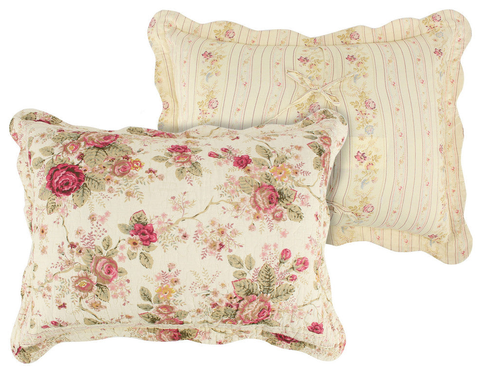 Benzara 3 Piece King Bedspread Set, Floral Print, Scalloped, Cream, Pink