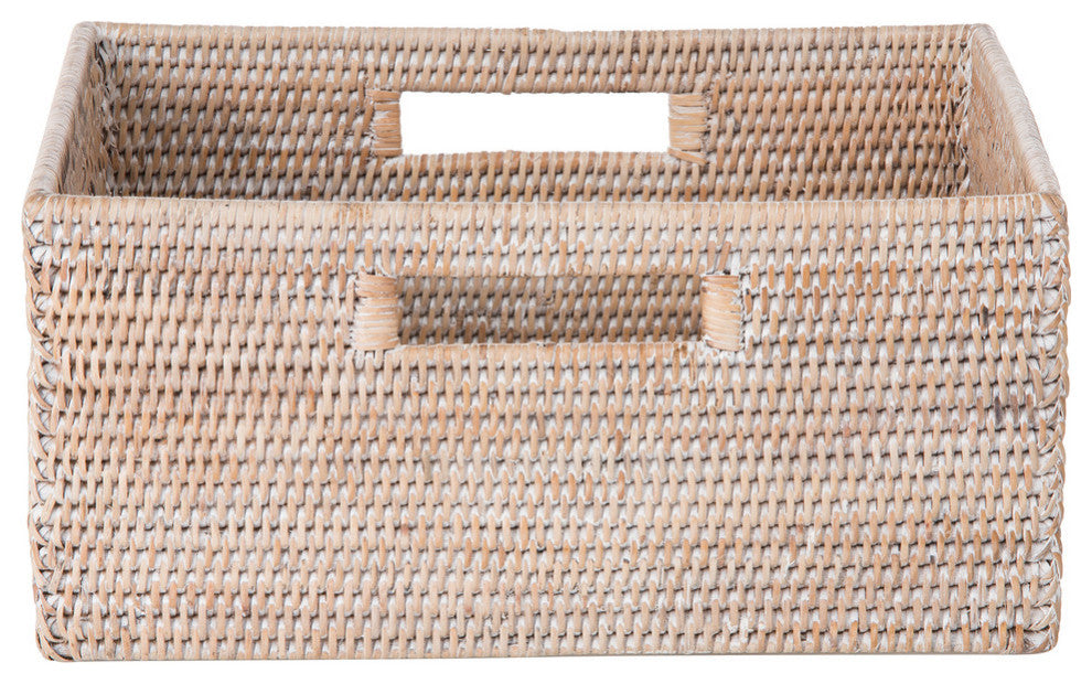 La Jolla Rattan Shelf Basket With Handles, Medium, White Wash