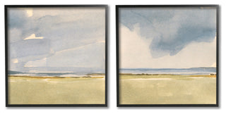 Cloudy Field Nature Landscape Watercolor Collage, 2pc, each 17 x 17