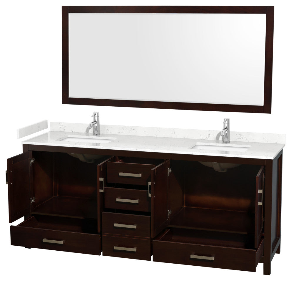 80"DBL Vanity Espresso, Carrara Cult. Marble Countertop, Sinks, 70"Mirror