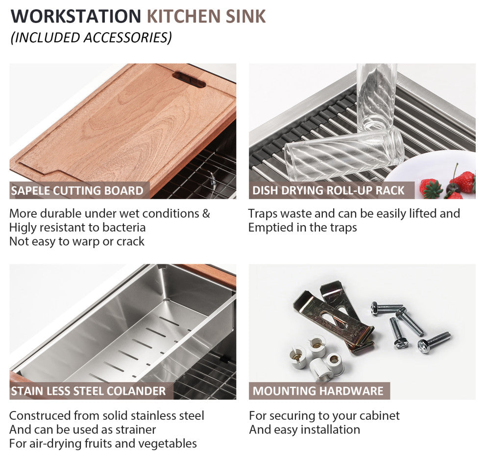 Workstation Drop-In 16 Gauge Stainless Steel Single Bowl Kitchen Sink, 30x22x10 in