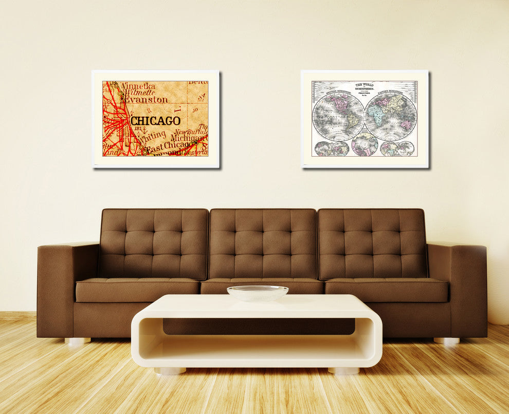 Chicago Illinois Old Map Print On Canvas With Frame Art Collection 16" X 21"