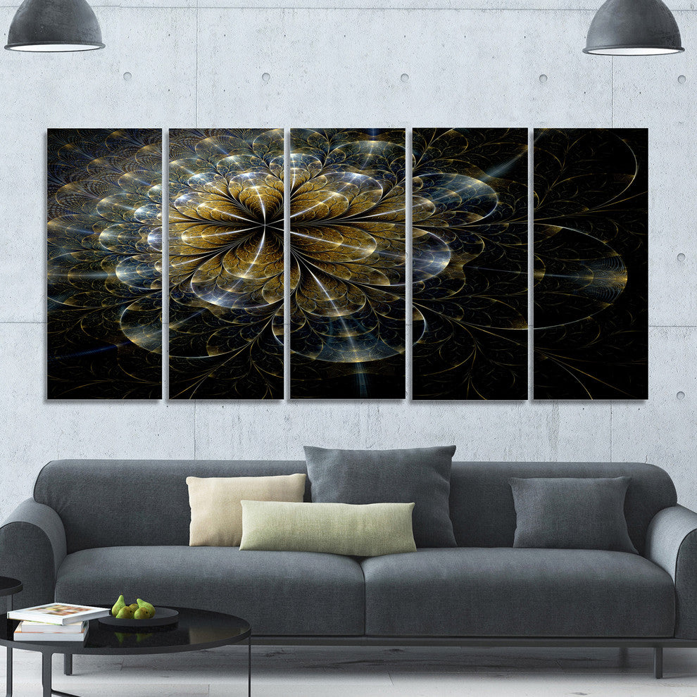 Large Mystic Golden Fractal Flower, Floral Canvas Art Print, 60"x28", 5 Panels