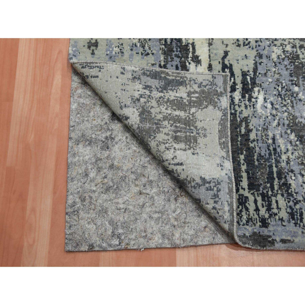 Gray Abstract Design, Wool and Silk, Hand Knotted Runner Rug, 2'6"x8'3"