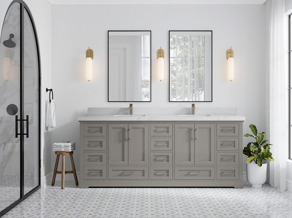 Boston 84" Double Sink Bath Vanity in Elephant Skin Gray 2" Calacatta Sienna