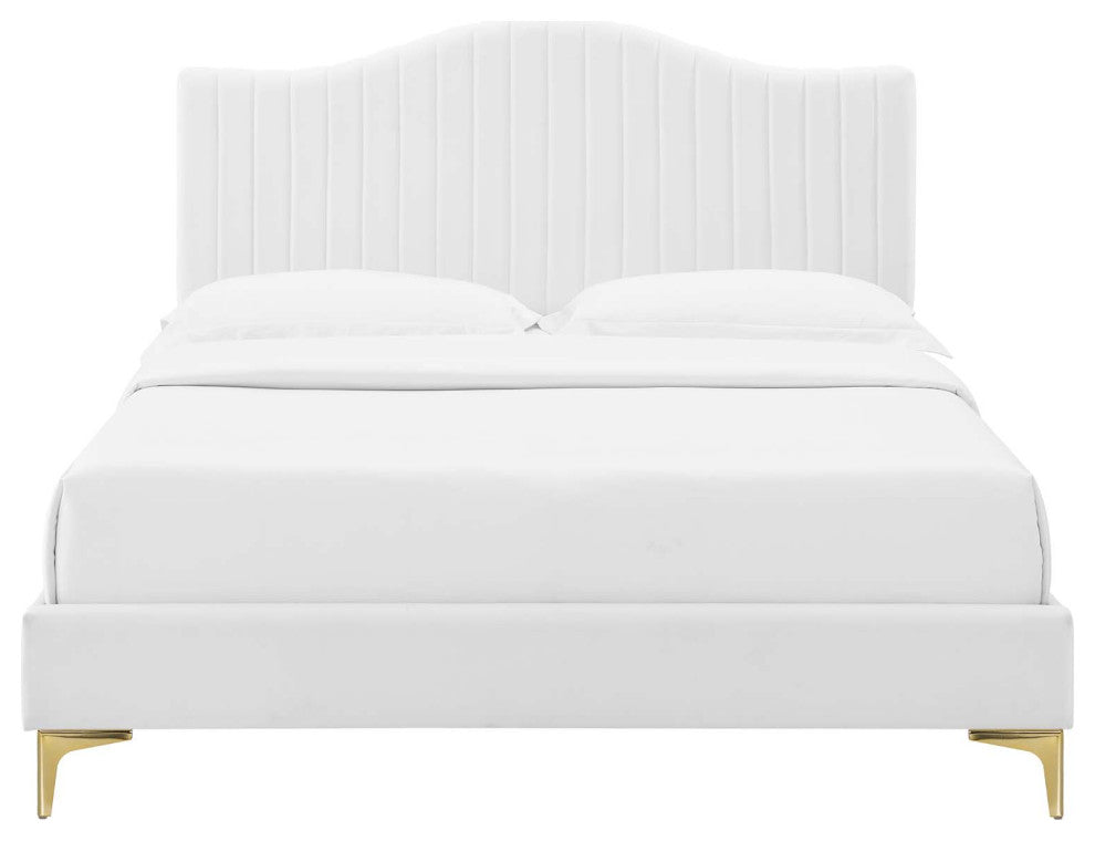 Tufted Platform Bed Frame, Queen Size, Velvet, White, Modern Contemporary