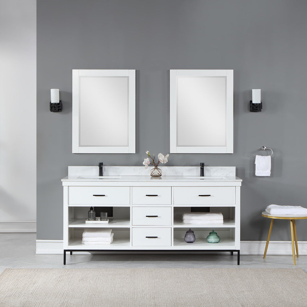 Kesia White Bathroom Vanity Set, 72", With Mirror