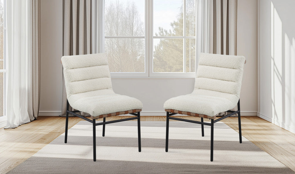 Lahni Boucle Fabric Set of 2 Dining Chair With Black Iron Legs, White